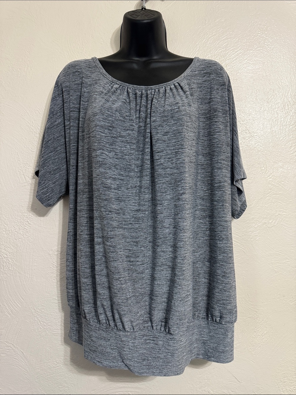 Alyx Heathered Gray Gathered Neck Short Sleeve Tunic 0244